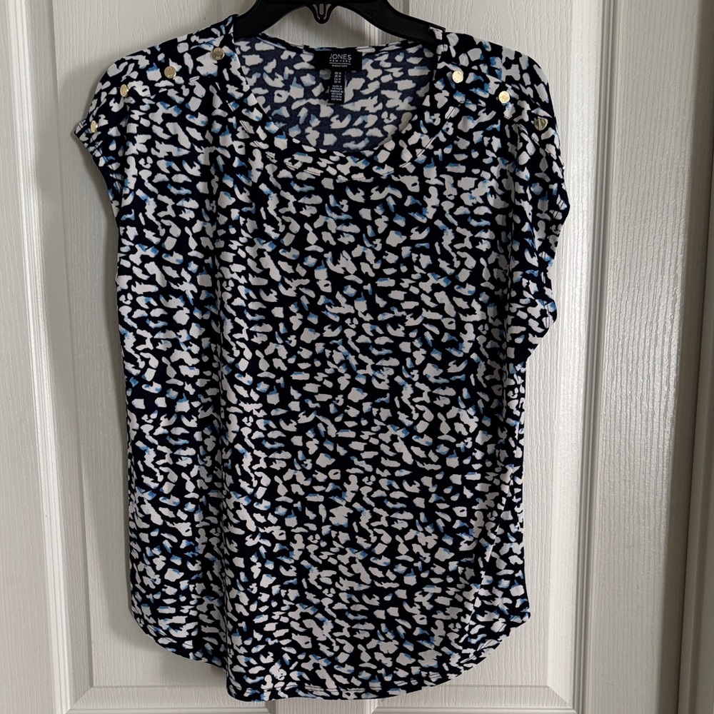 Jones New York Navy and White Patterned Blouse